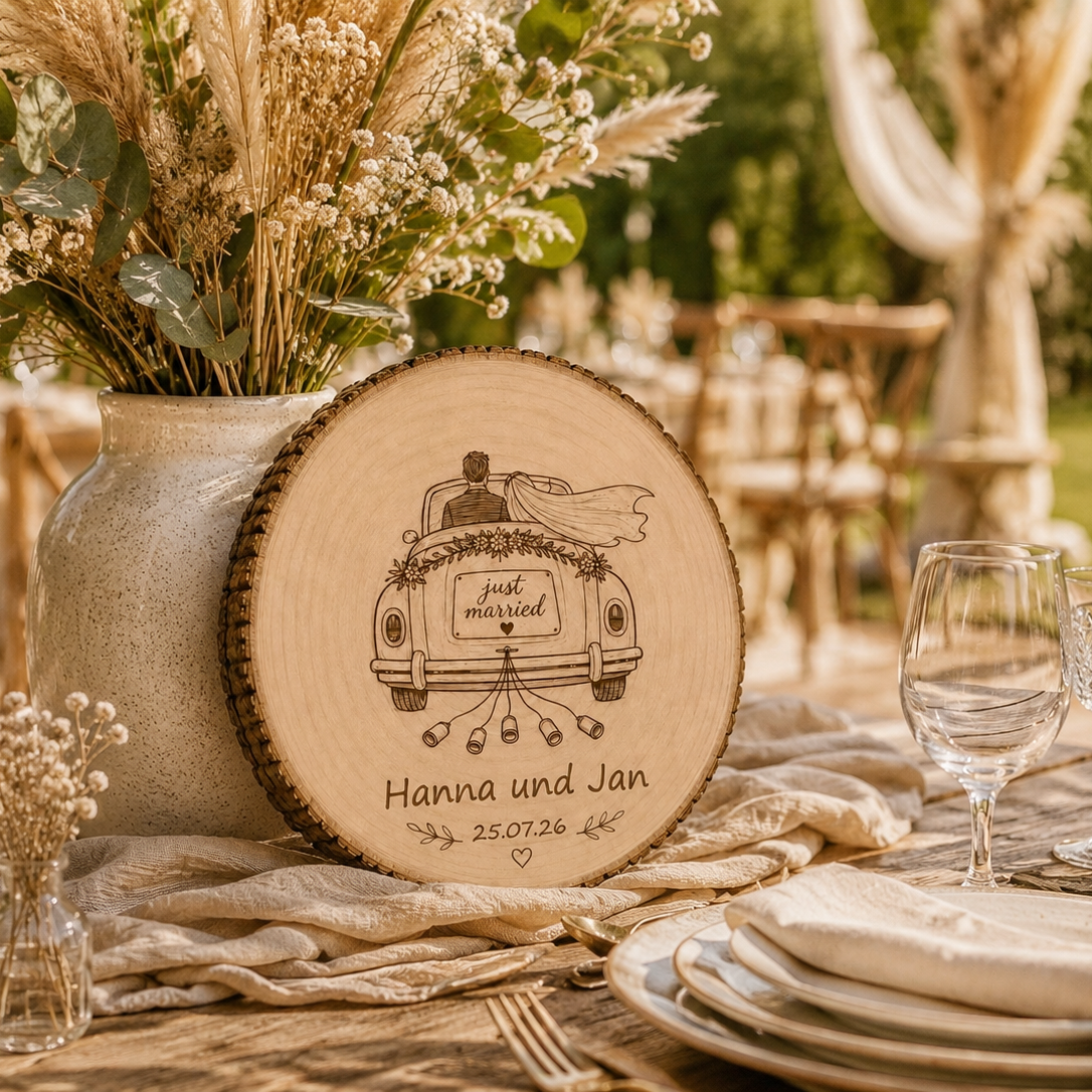 Fertiges Geldgeschenk zur Hochzeit – personalisierte Baumscheibe mit Geldröhrchen- Just married