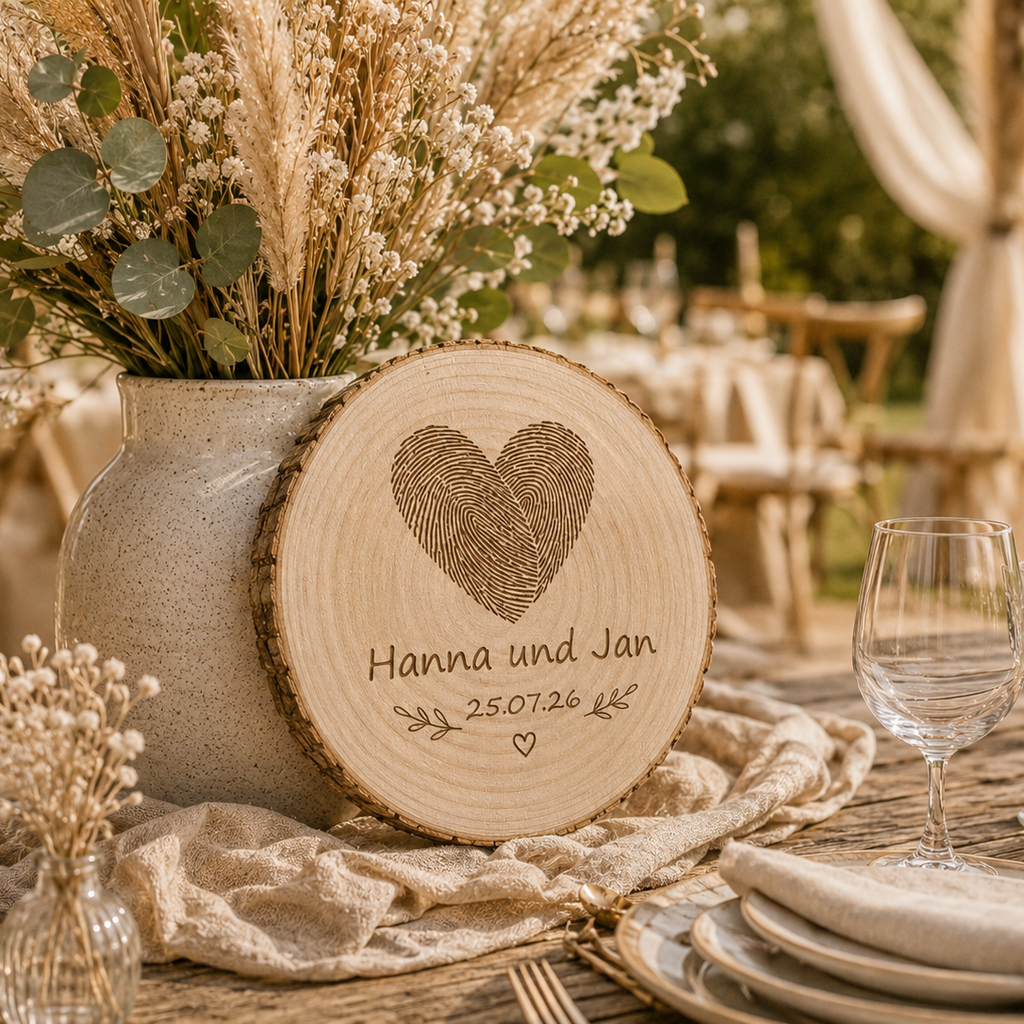 Fertiges Geldgeschenk zur Hochzeit – personalisierte Baumscheibe mit Geldröhrchen- Fingerabdruck Herz