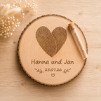 Fertiges Geldgeschenk zur Hochzeit – personalisierte Baumscheibe mit Geldröhrchen- Fingerabdruck Herz