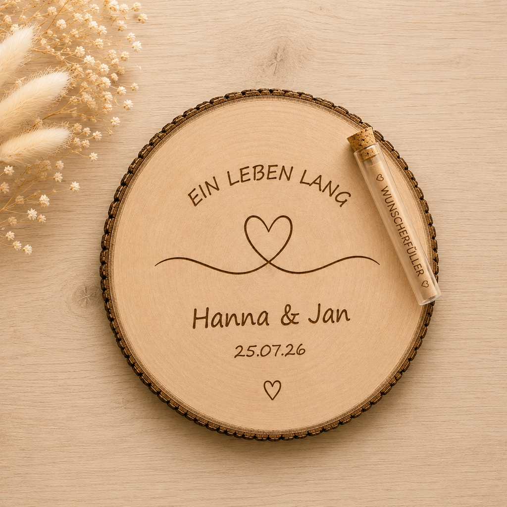 Fertiges Geldgeschenk zur Hochzeit – personalisierte Baumscheibe mit Geldröhrchen- Ein Leben lang
