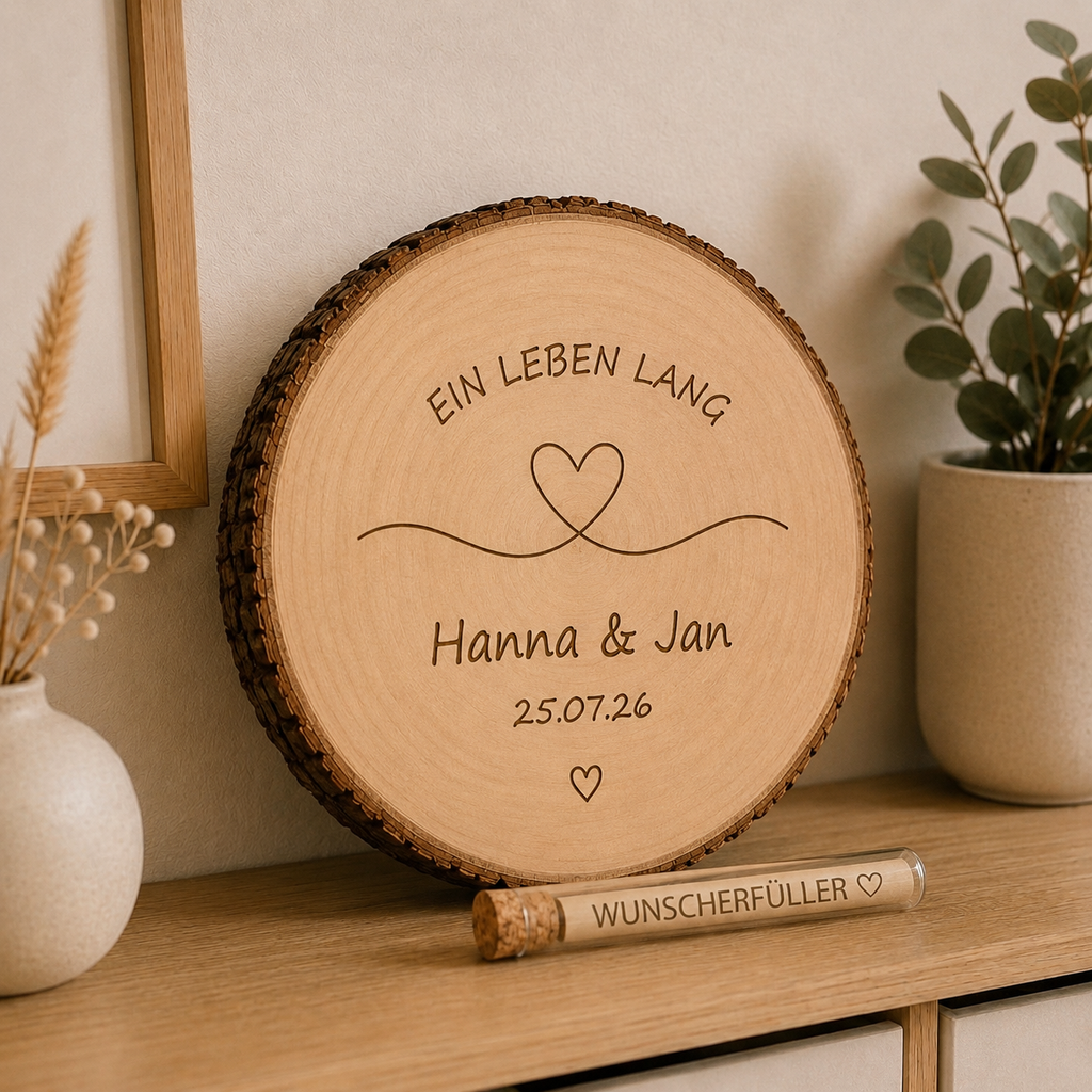 Fertiges Geldgeschenk zur Hochzeit – personalisierte Baumscheibe mit Geldröhrchen- Ein Leben lang