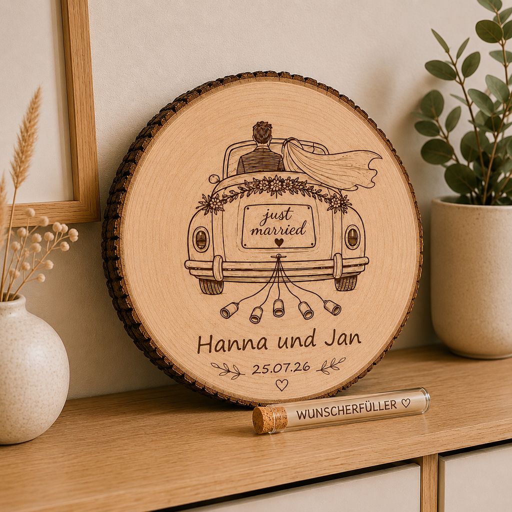 Fertiges Geldgeschenk zur Hochzeit – personalisierte Baumscheibe mit Geldröhrchen- Just married