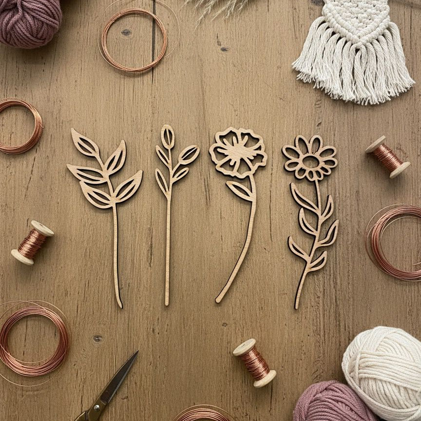 DIY Bastelset Holzklötze mit gelaserten Holzblumen (8-teilig)