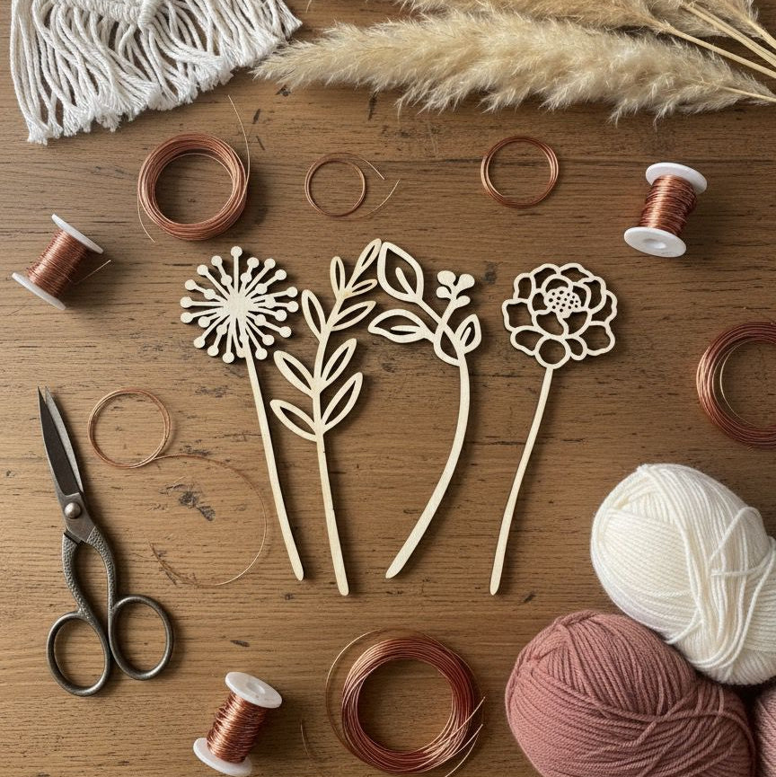 DIY Bastelset Holzklötze mit gelaserten Holzblumen (8-teilig)