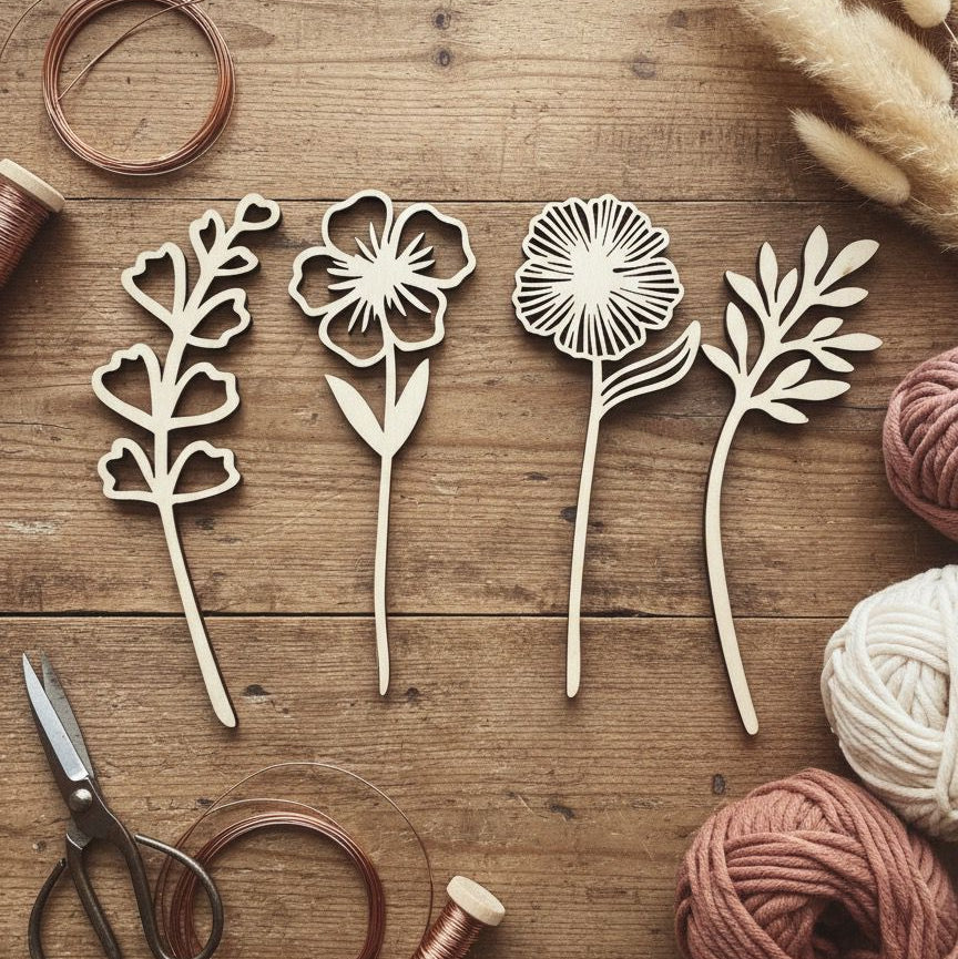 DIY Bastelset Holzklötze mit gelaserten Holzblumen (8-teilig)