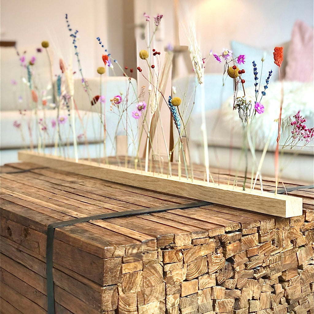 FlowerBar® Blumenwiese – Trockenblumen auf Eichenholz, DIY Geschenkidee, handmade, getrocknete Blumen, haltbar, Herbstdeko