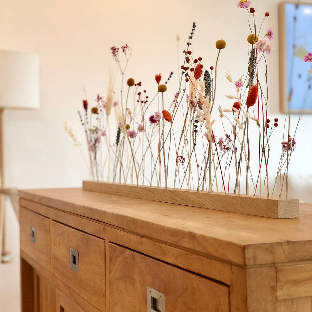 FlowerBar® Blumenwiese – Trockenblumen auf Eichenholz, DIY Geschenkidee, handmade, getrocknete Blumen, haltbar, Herbstdeko