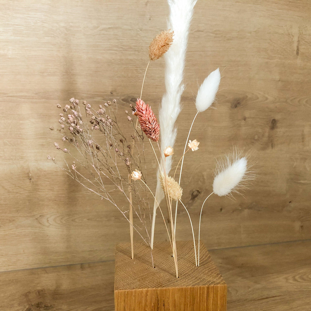 FlowerBar® CUBE "Fata Morgana" (ca. 10cm x 10cm x 10cm)Trockenblumen Flowergram & edle Eiche, Holz Arrangement, getrocknete Blumen, haltbar