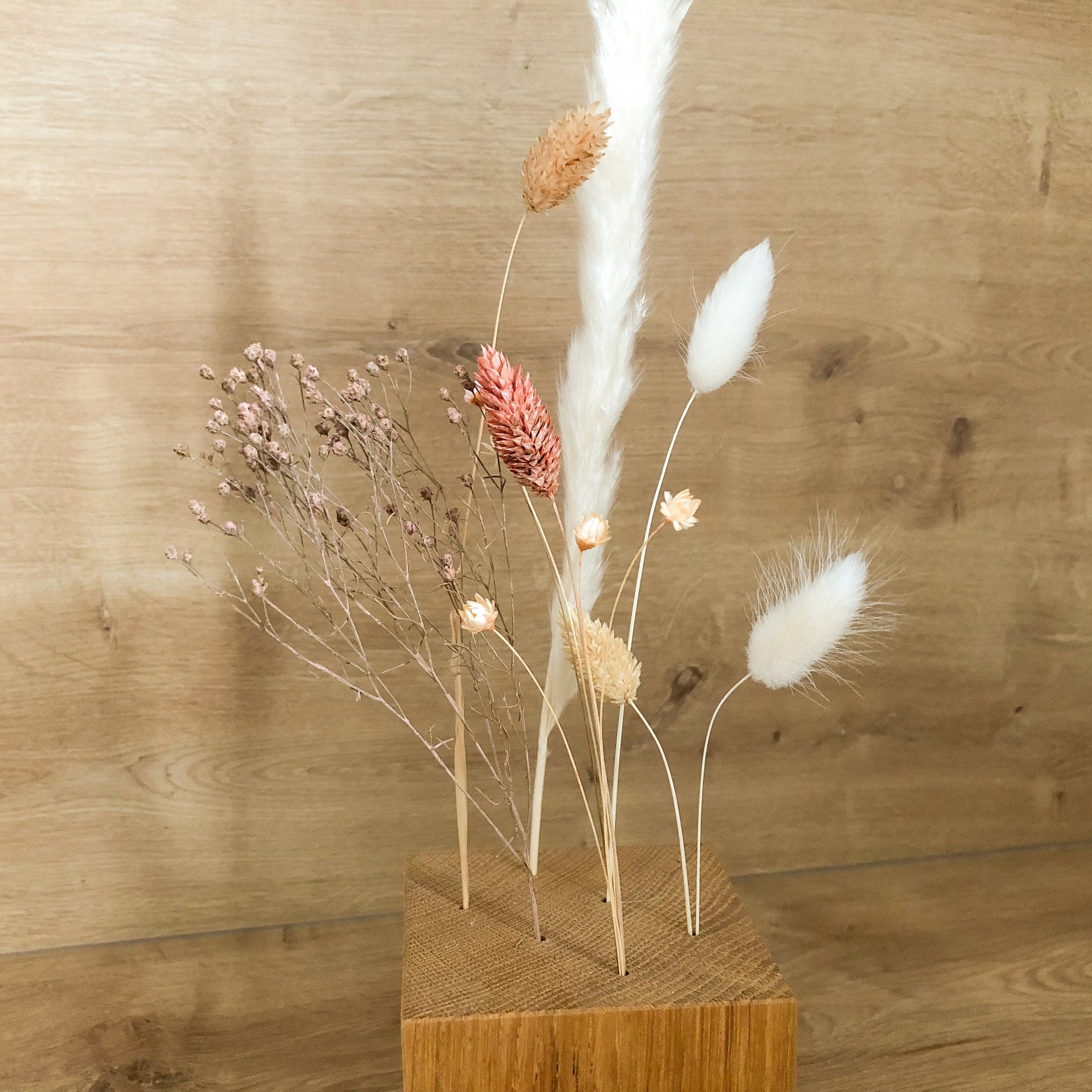 FlowerBar® CUBE "Fata Morgana" (ca. 10cm x 10cm x 10cm)Trockenblumen Flowergram & edle Eiche, Holz Arrangement, getrocknete Blumen, haltbar