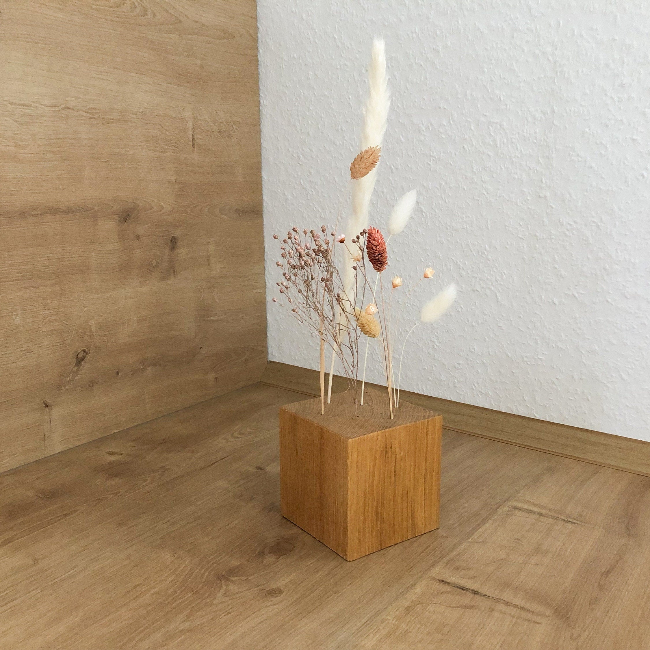 FlowerBar® CUBE "Fata Morgana" (ca. 10cm x 10cm x 10cm)Trockenblumen Flowergram & edle Eiche, Holz Arrangement, getrocknete Blumen, haltbar
