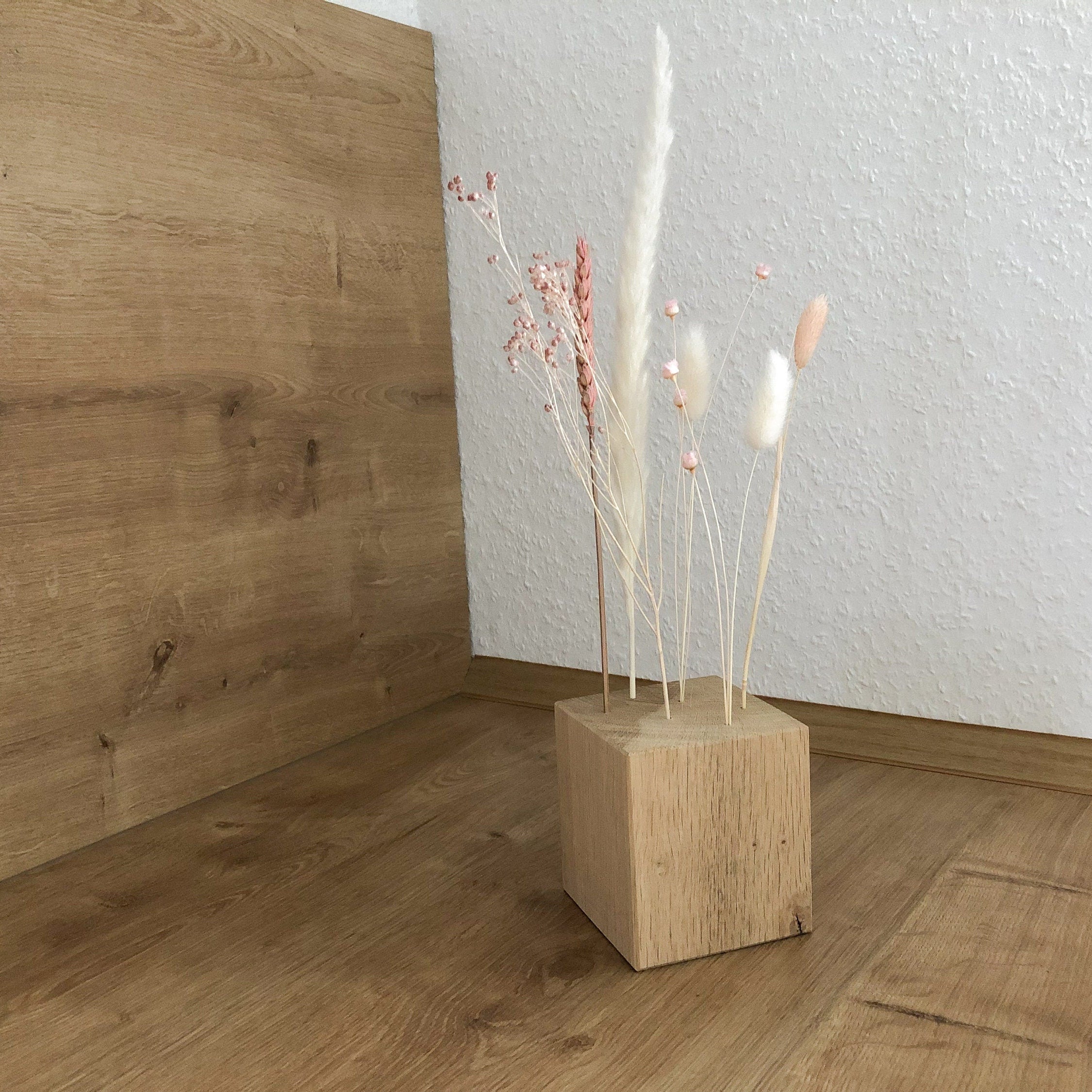 FlowerBar® CUBE "Zuckerwatte" (ca. 10cm x 10cm x 10cm) Trockenblumen Flowergram & edle Eiche, Holz Arrangement, getrocknete Blumen, haltbar