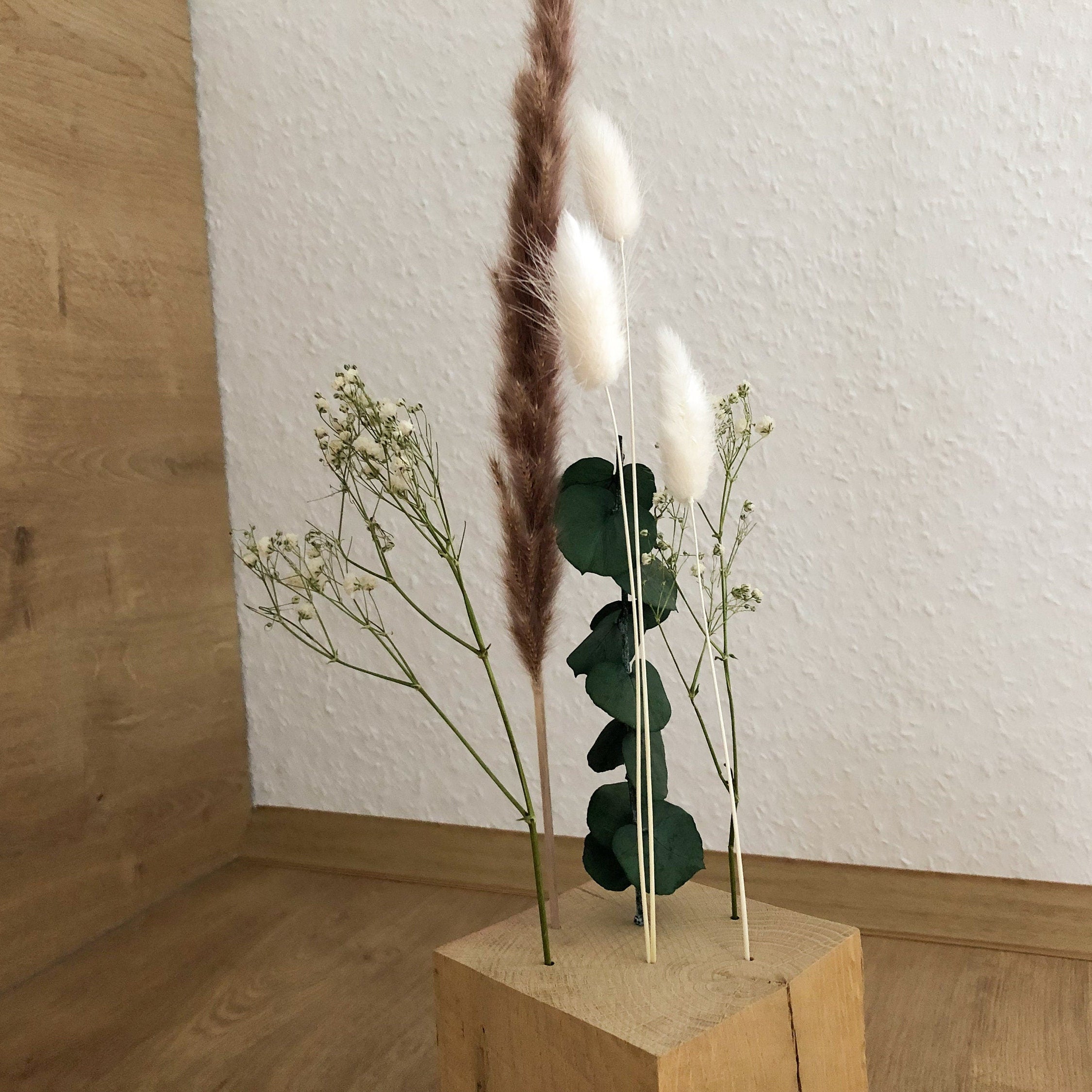 FlowerBar® CUBE "Fernweh" (ca. 10cm x 10cm x 10cm) Trockenblumen Flowergram & edle Eiche, Holz Arrangement, getrocknete Blumen, haltbar
