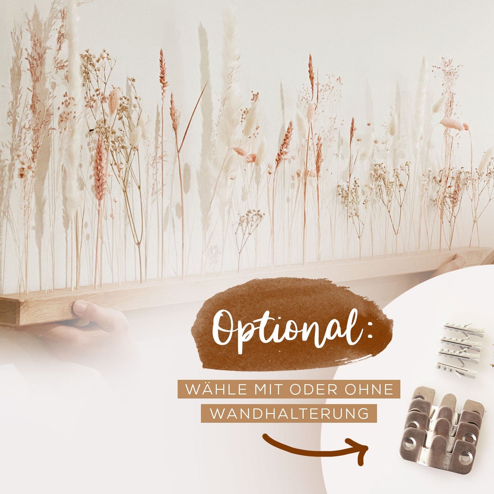 FlowerBar® "Zuckerwatte" Trockenblumen Flowergram & edle Eiche, Holz Arrangement, getrocknete Blumen, haltbar