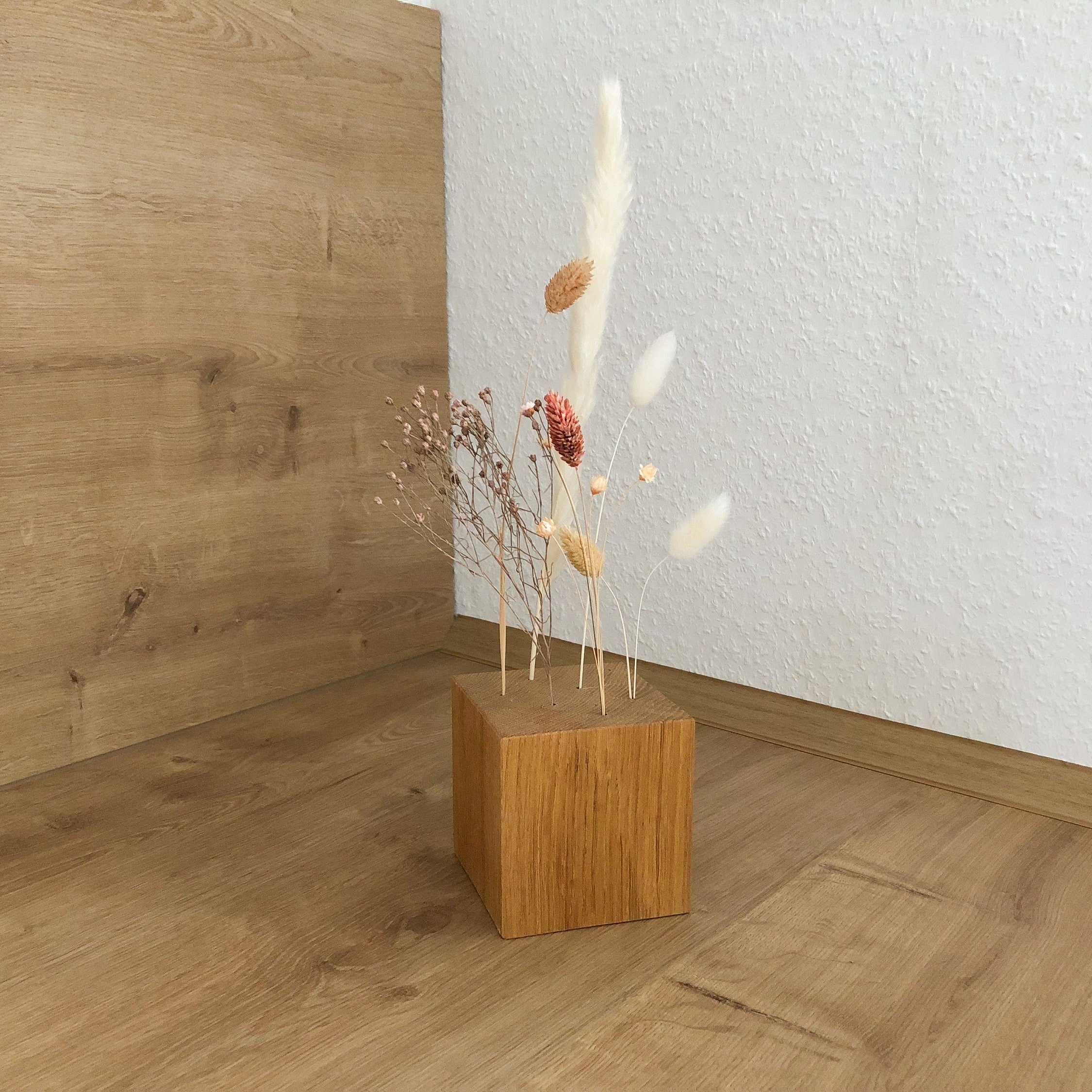 FlowerBar® CUBE "Fata Morgana" (ca. 10cm x 10cm x 10cm)Trockenblumen Flowergram & edle Eiche, Holz Arrangement, getrocknete Blumen, haltbar