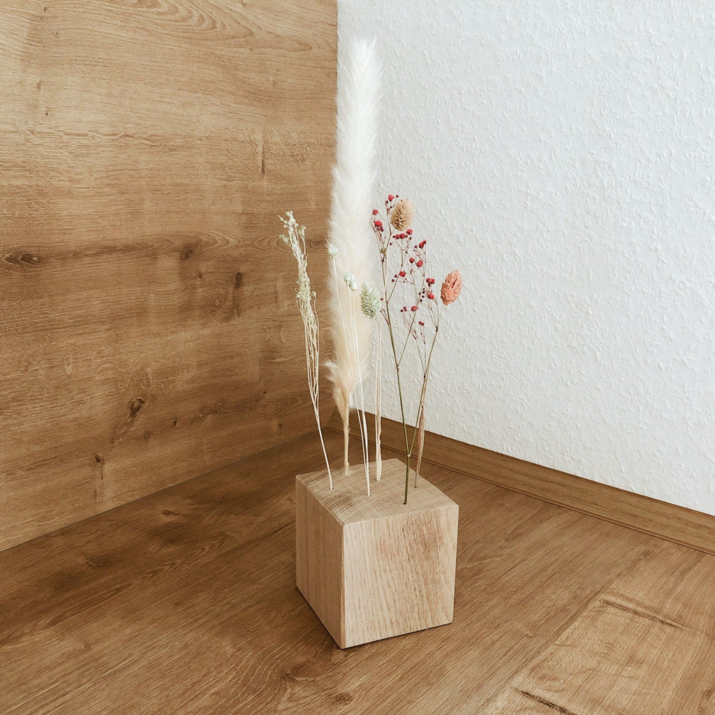 FlowerBar® CUBE "Dolce Vita" (ca. 10cm x 10cm x 10cm) Trockenblumen Flowergram & edle Eiche, Holz Arrangement, getrocknete Blumen, haltbar