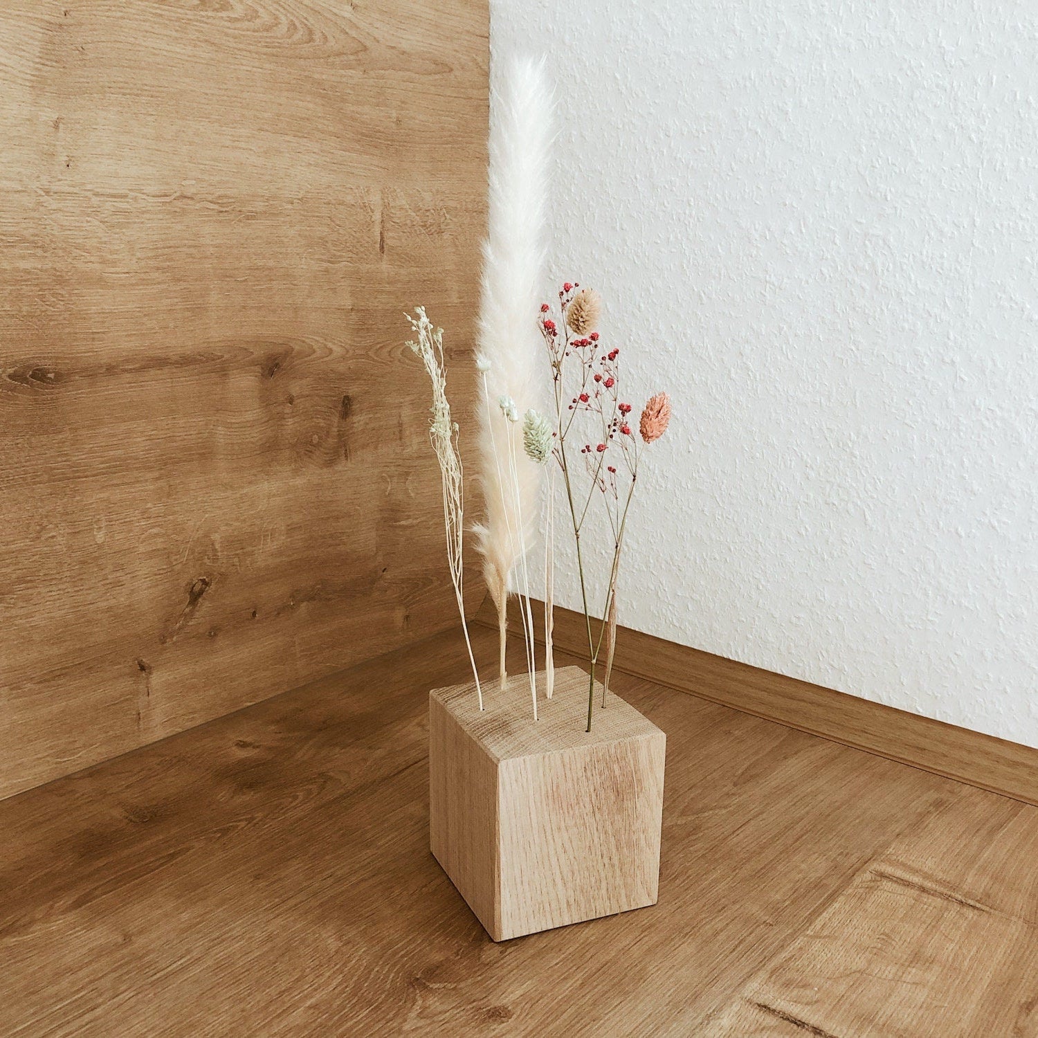 FlowerBar® CUBE "Dolce Vita" (ca. 10cm x 10cm x 10cm) Trockenblumen Flowergram & edle Eiche, Holz Arrangement, getrocknete Blumen, haltbar