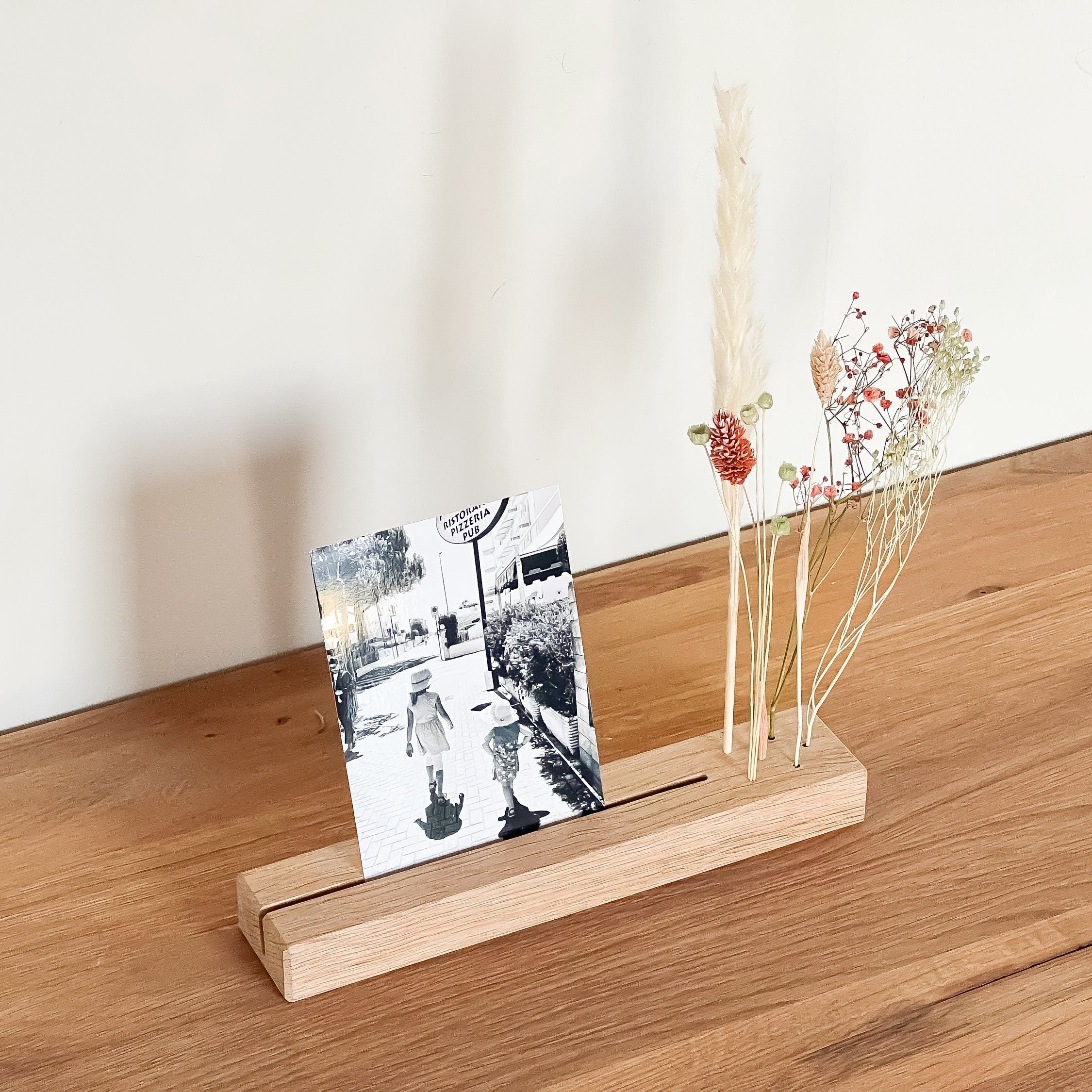 FlowerBar® Memories "Dolce Vita" Trockenblumen Flowergram & edle Eiche, Holz Arrangement, getrocknete Blumen, Fotohalter, Erinnerung