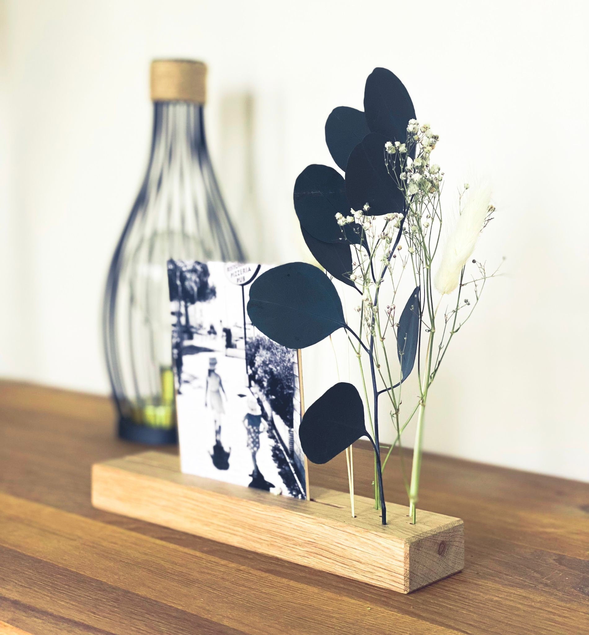FlowerBar® Memories "Fernweh" Trockenblumen Flowergram & edle Eiche, Holz Arrangement, getrocknete Blumen, haltbar, Fotohalter