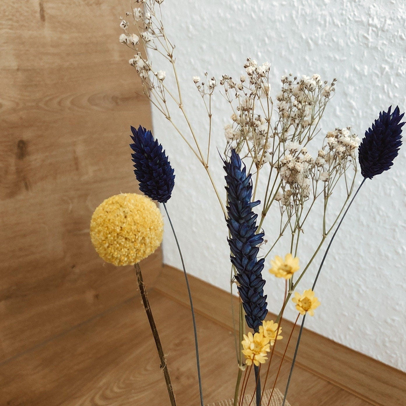 FlowerBar® Memories "Schwedenglück" Trockenblumen Flowergram & edle Eiche, Holz Arrangement, getrocknete Blumen, Fotohalter, Erinnerung