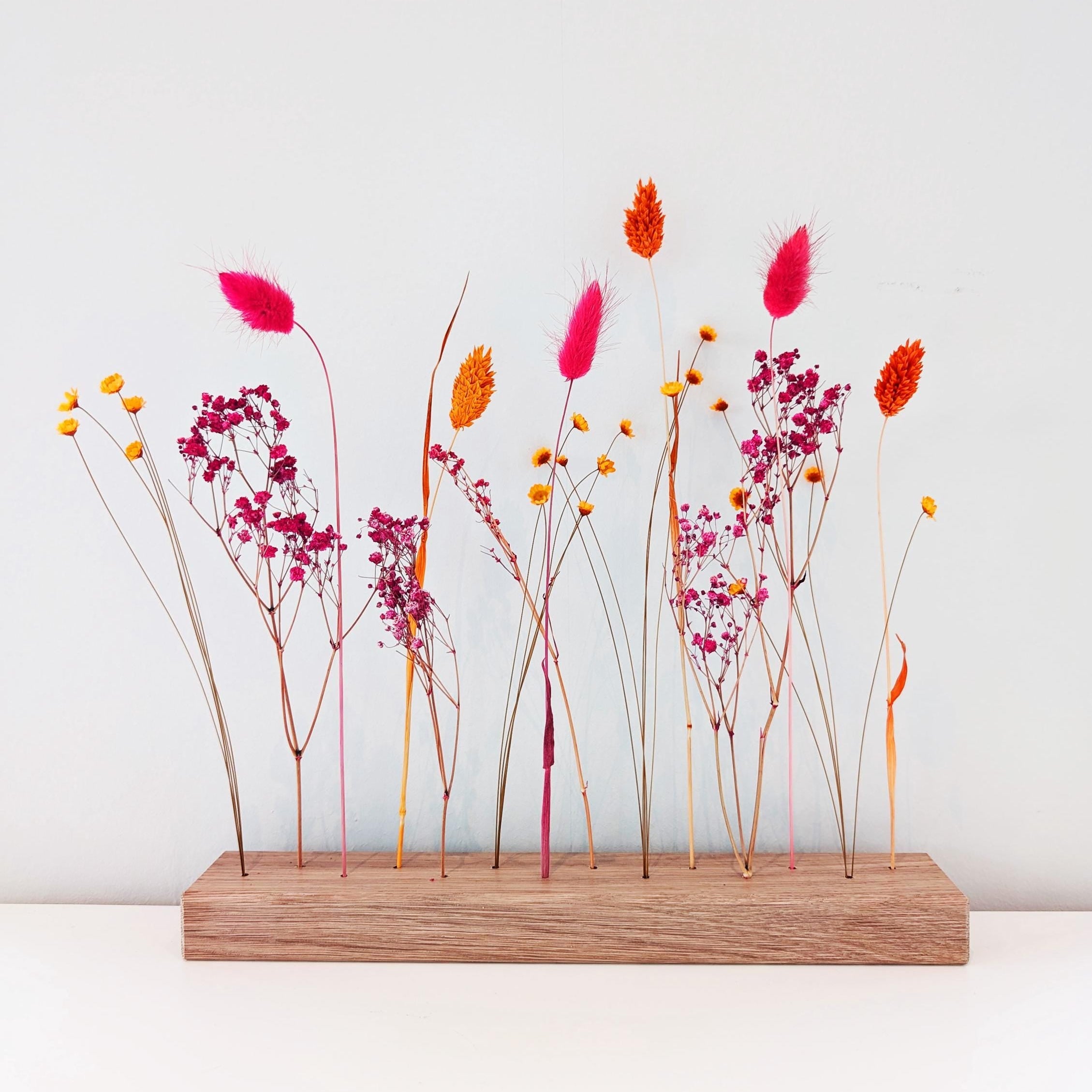 FlowerBar® "Feuerblüte" Trockenblumen Flowergram & edle Eiche, Holz Arrangement, getrocknete Blumen, haltbar