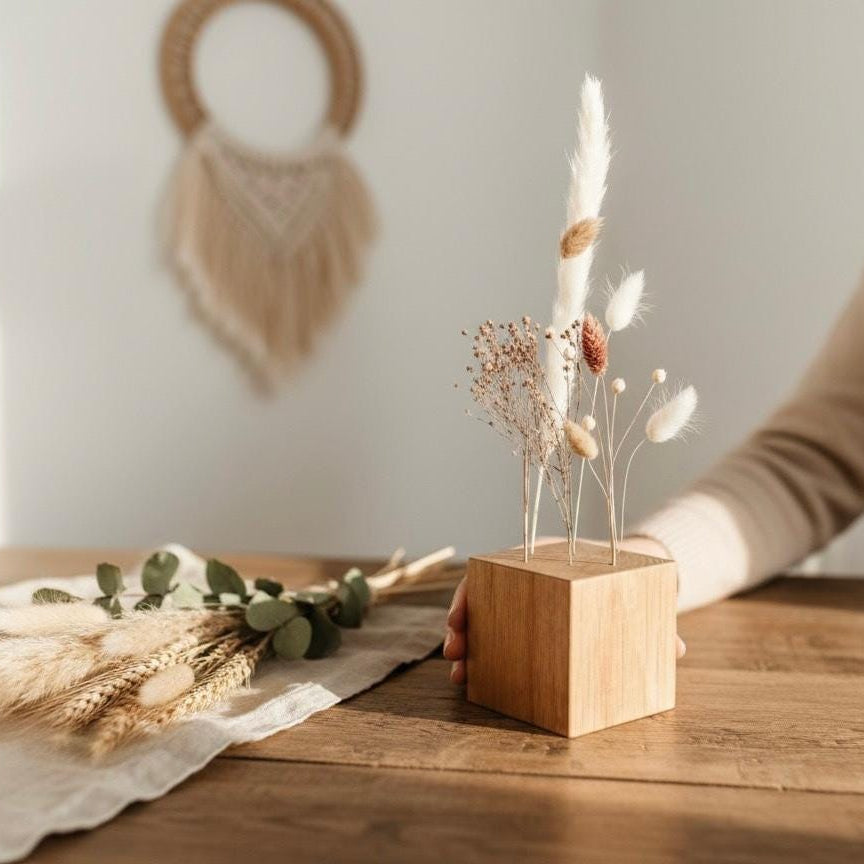 FlowerBar® CUBE "Fata Morgana" (ca. 10cm x 10cm x 10cm)Trockenblumen Flowergram & edle Eiche, Holz Arrangement, getrocknete Blumen, haltbar