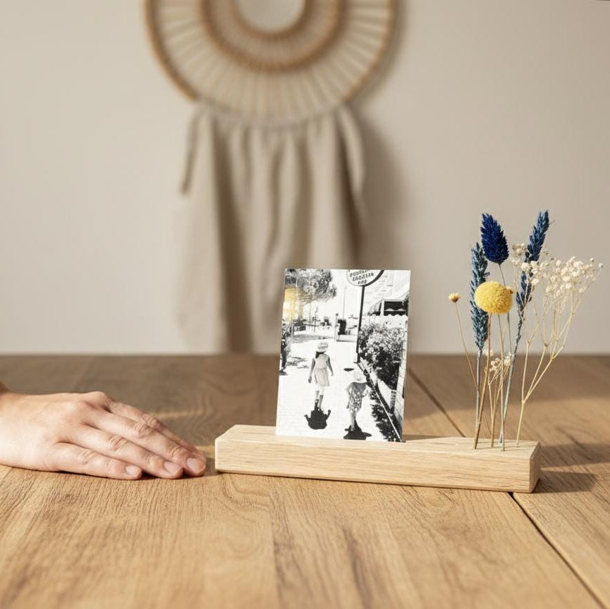 FlowerBar® Memories "Schwedenglück" Trockenblumen Flowergram & edle Eiche, Holz Arrangement, getrocknete Blumen, Fotohalter, Erinnerung