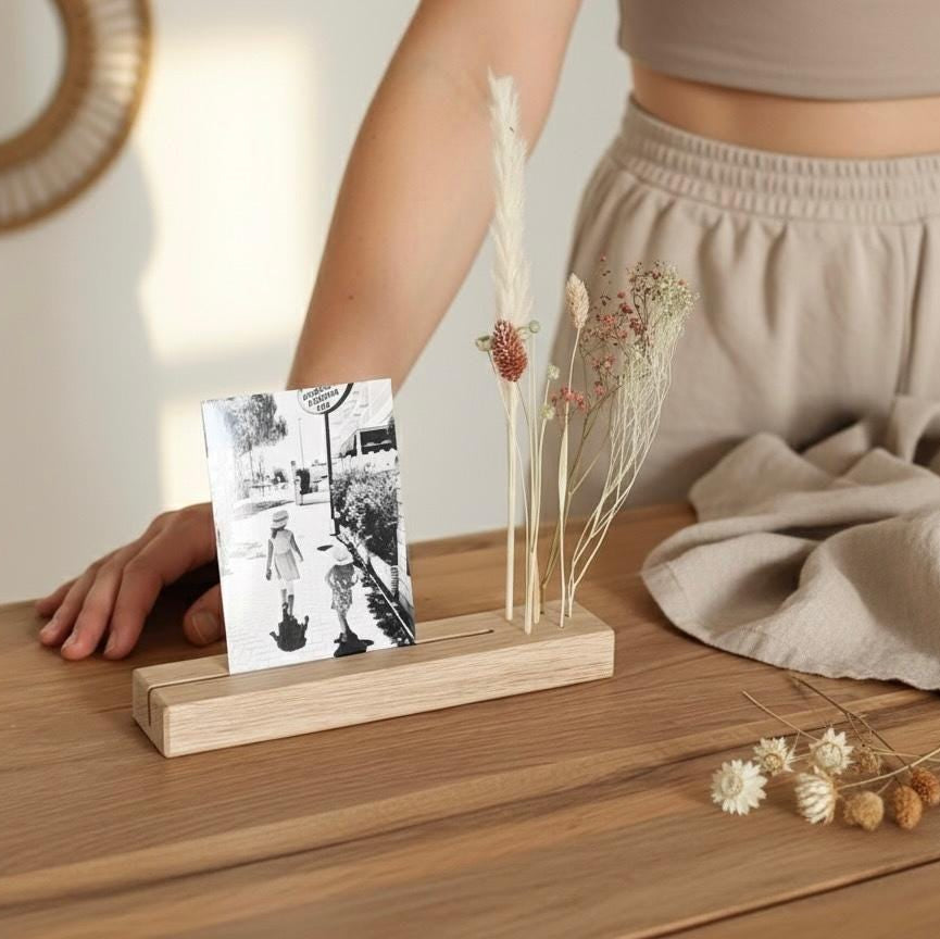FlowerBar® Memories "Dolce Vita" Trockenblumen Flowergram & edle Eiche, Holz Arrangement, getrocknete Blumen, Fotohalter, Erinnerung