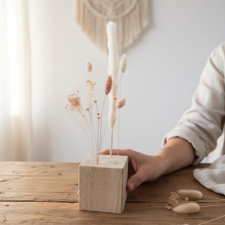 FlowerBar® CUBE "Fata Morgana" (ca. 10cm x 10cm x 10cm)Trockenblumen Flowergram & edle Eiche, Holz Arrangement, getrocknete Blumen, haltbar