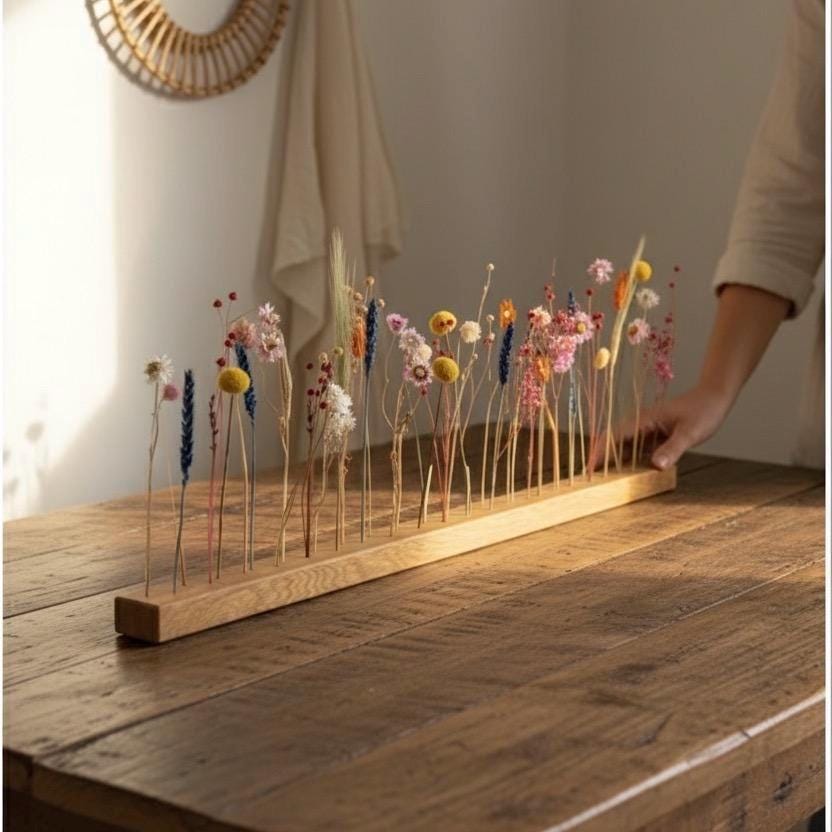 FlowerBar® Blumenwiese – Trockenblumen auf Eichenholz, DIY Geschenkidee, handmade, getrocknete Blumen, haltbar, Herbstdeko