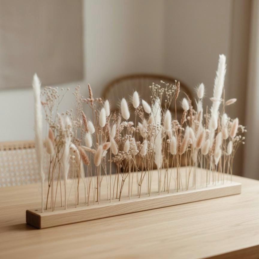 FlowerBar® "Zuckerwatte" Trockenblumen Flowergram & edle Eiche, Holz Arrangement, getrocknete Blumen, haltbar
