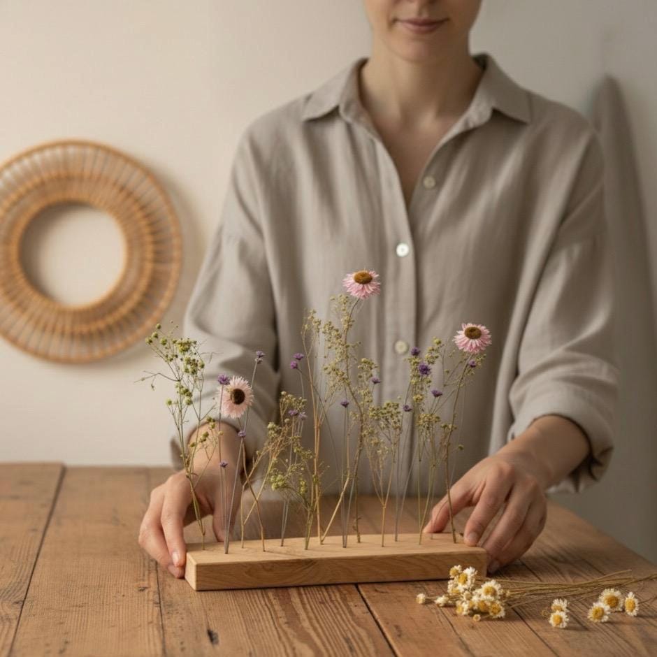 FlowerBar® "Fliederleicht" Trockenblumen Flowergram & edle Eiche, Holz Arrangement, getrocknete Blumen, haltbar
