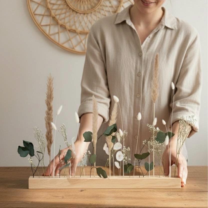 FlowerBar® "Fernweh" Trockenblumen Flowergram & edle Eiche, Holz Arrangement, getrocknete Blumen, haltbar