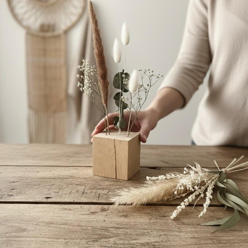 FlowerBar® CUBE "Fernweh" (ca. 10cm x 10cm x 10cm) Trockenblumen Flowergram & edle Eiche, Holz Arrangement, getrocknete Blumen, haltbar