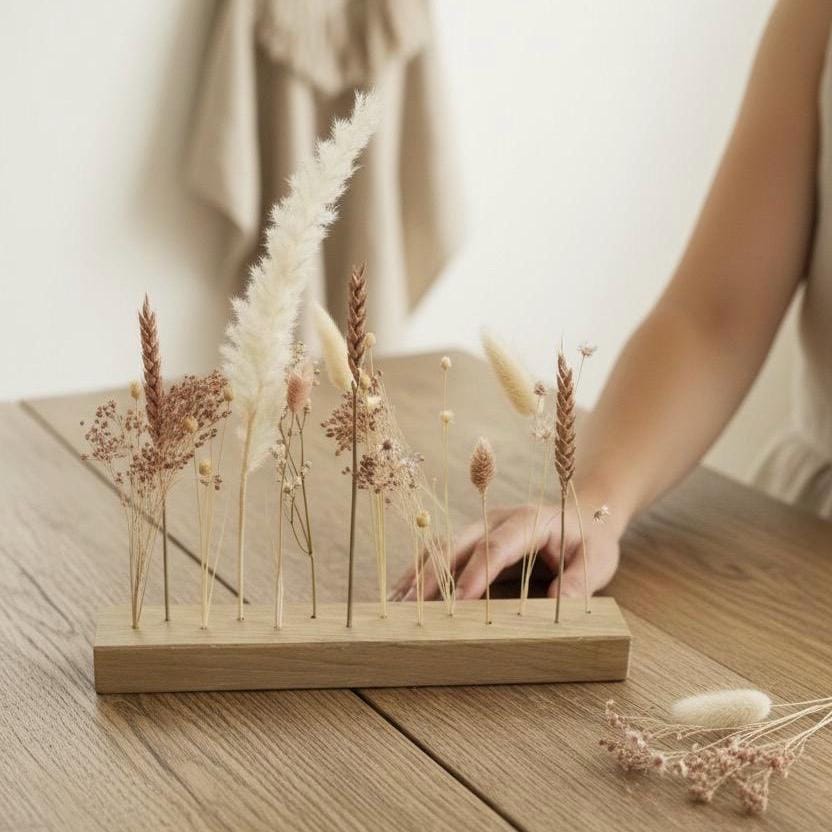 FlowerBar® "Zuckerwatte" Trockenblumen Flowergram & edle Eiche, Holz Arrangement, getrocknete Blumen, haltbar