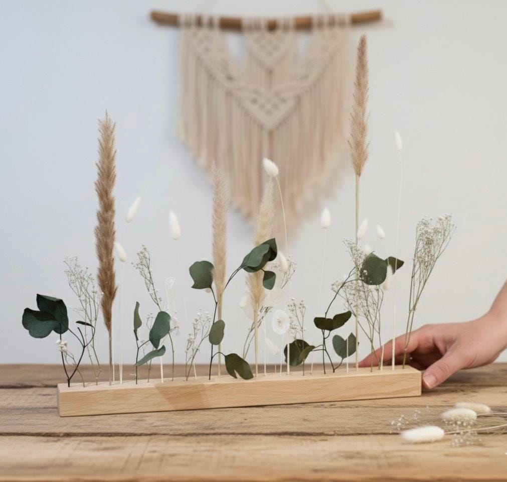 FlowerBar® "Fernweh" Trockenblumen Flowergram & edle Eiche, Holz Arrangement, getrocknete Blumen, haltbar