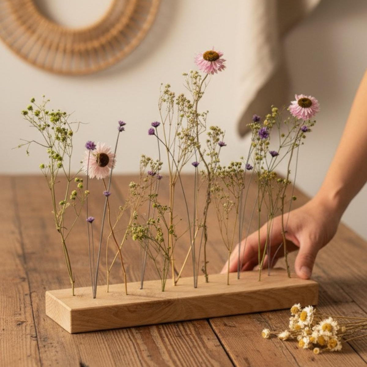 FlowerBar® "Fliederleicht" Trockenblumen Flowergram & edle Eiche, Holz Arrangement, getrocknete Blumen, haltbar