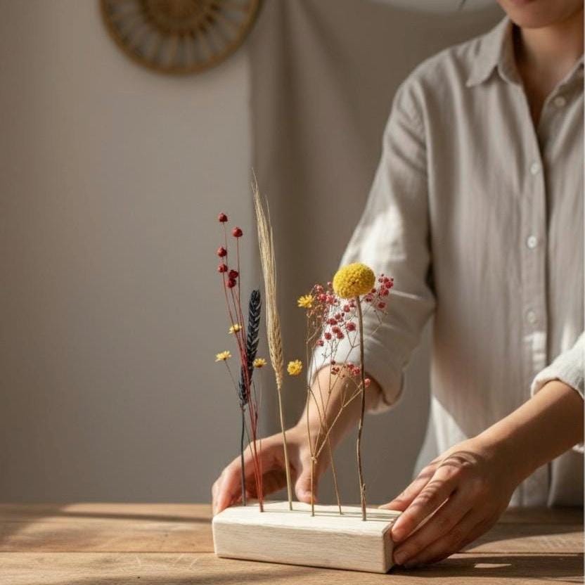 FlowerBar® Blumenwiese – Trockenblumen auf Eichenholz, DIY Geschenkidee, handmade, getrocknete Blumen, haltbar, Herbstdeko