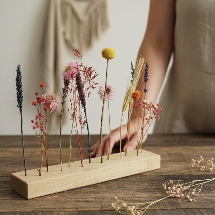 FlowerBar® Blumenwiese – Trockenblumen auf Eichenholz, DIY Geschenkidee, handmade, getrocknete Blumen, haltbar, Herbstdeko