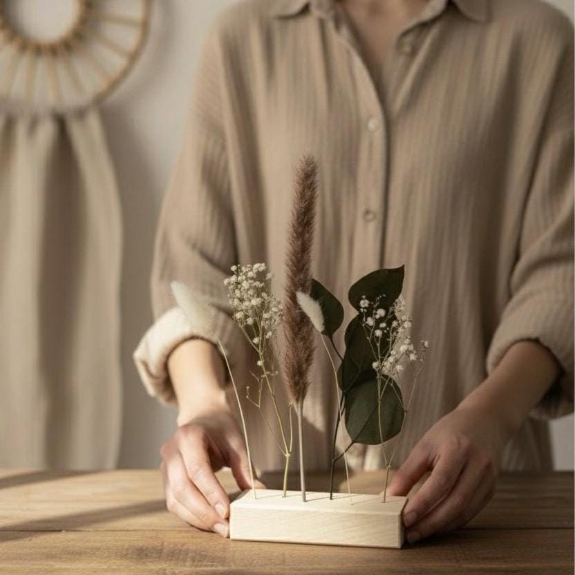 FlowerBar® "Fernweh" Trockenblumen Flowergram & edle Eiche, Holz Arrangement, getrocknete Blumen, haltbar