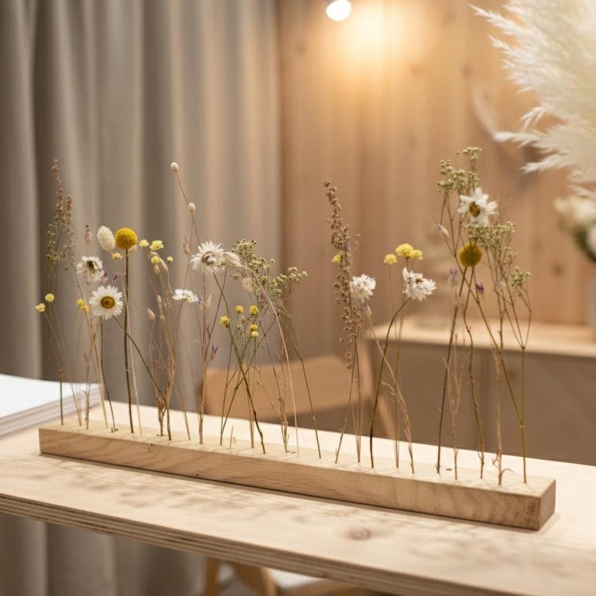 FlowerBar® "Sommerwiese" Trockenblumen Flowergram & edle Eiche, Holz Arrangement, getrocknete Blumen, haltbar