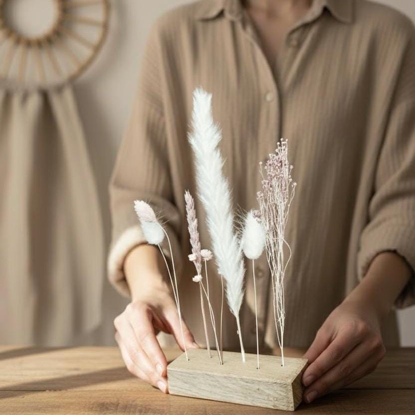 FlowerBar® "Zuckerwatte" Trockenblumen Flowergram & edle Eiche, Holz Arrangement, getrocknete Blumen, haltbar