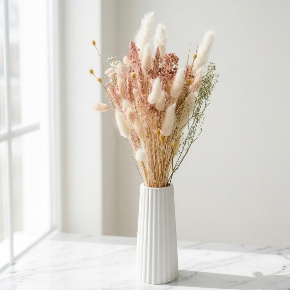 FlowerBar® Set „Zuckerwatte“ - Trockenblumen Arrangement inkl. Raysin Vase und FlowerBar®